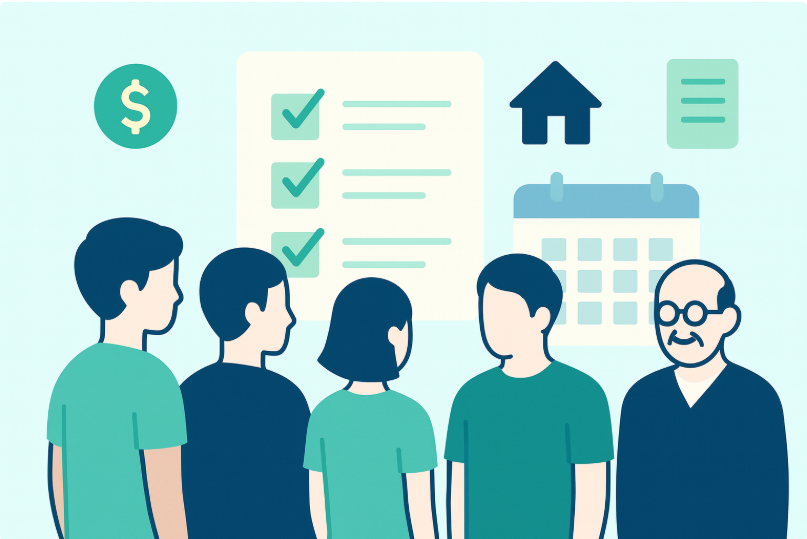 2025년 나이별 지원금 총정리 (10대부터 60대 이상까지) 141 청소년부터 노년층까지 나이별 정부 지원금 체크리스트를 살펴보는 사람들 일러스트