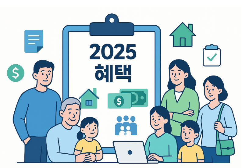 2025년 청년·여성·한부모를 위한 맞춤 지원금 총정리 132 청년, 여성, 한부모, 다자녀 가구가 정부 지원금을 함께 살펴보는 일러스트