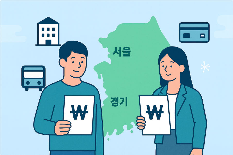 2025년 주요 지역별(서울·경기·부산 등) 청년·창업 지원 비교 60 서울과 경기도 지도가 강조된 배경 앞에서 청년 남녀가 주거·교통·기본소득 지원을 확인하는 일러스트