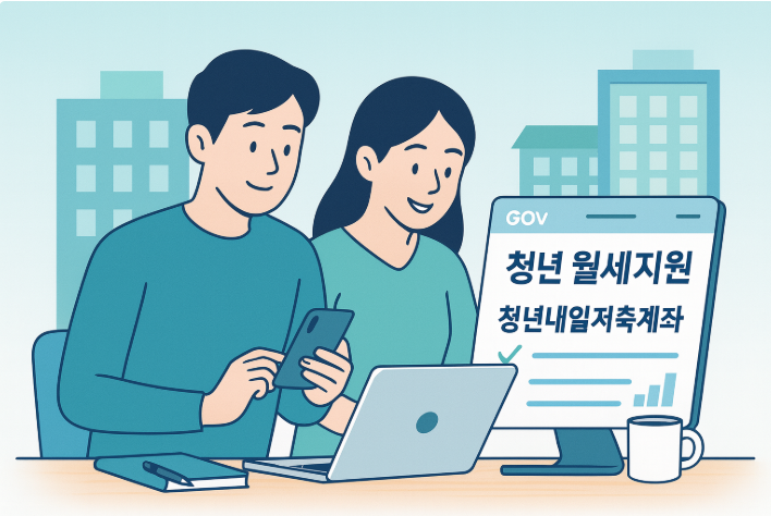 2025년 청년·여성·한부모를 위한 맞춤 지원금 총정리 138 청년이 노트북과 스마트폰으로 청년 지원금과 청년월세 정보를 검색하는 모습