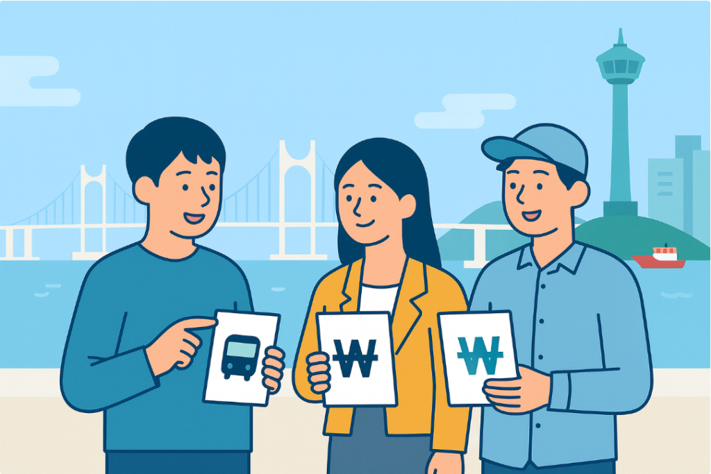 2025년 주요 지역별(서울·경기·부산 등) 청년·창업 지원 비교 61 부산 항구 전경을 배경으로 청년들이 교통비와 창업 지원금을 상징하는 서류를 보고 있는 모습