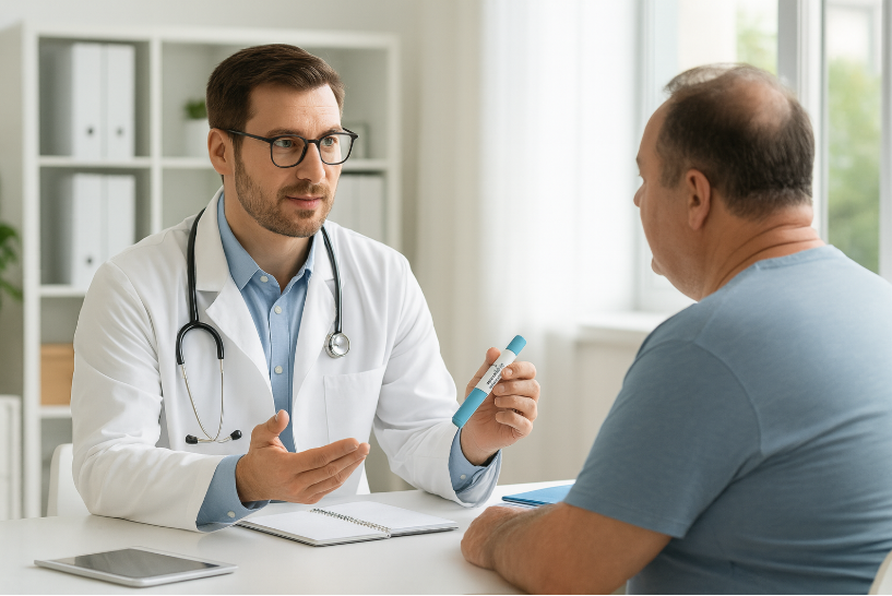 “비만치료제 상담을 진행하는 의사와 환자의 병원 상담 장면”