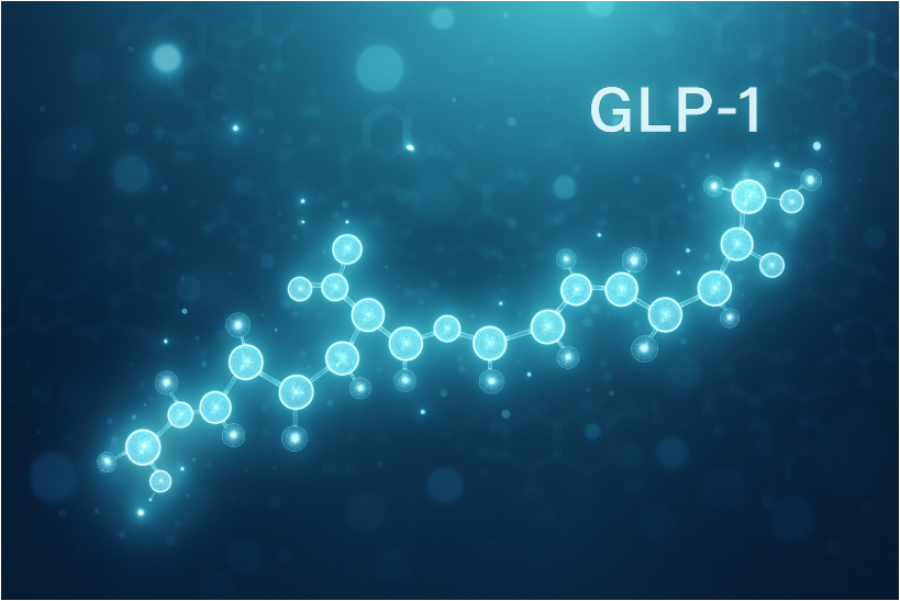 “GLP-1 기반 비만 치료제의 작용을 표현한 분자 구조 및 의료 그래픽”