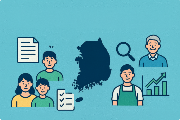 2025년 대한민국 복지·창업·사업 지원금 한눈에 보기 (신청 전 반드시 확인해야 할 큰 그림) 18 2025년 정부·지자체 지원금 지도를 상징하는 한국 지도와 다양한 연령대 사람들이 돋보기와 체크리스트를 들고 살펴보고 있는 일러스트