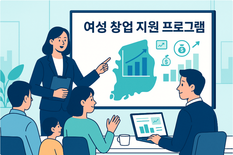 2025년 청년·여성·한부모를 위한 맞춤 지원금 총정리 141 여성 창업자가 사무실에서 노트북으로 정부 여성기업 지원사업을 확인하며 회의하는 장면