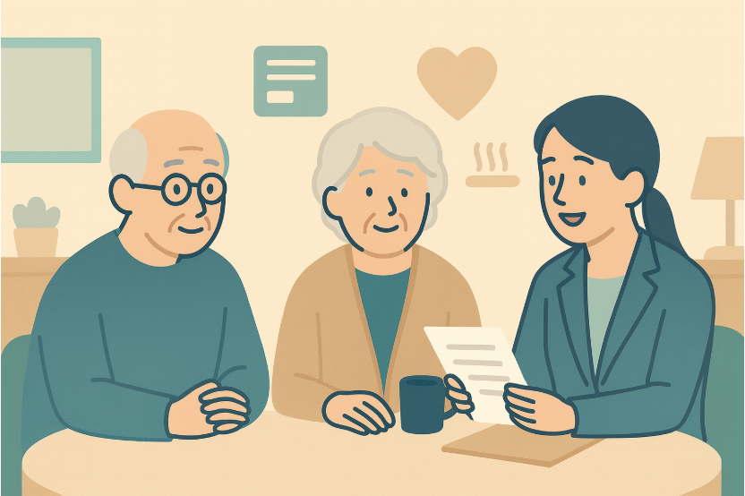 2025년 나이별 지원금 총정리 (10대부터 60대 이상까지) 161 기초연금과 노인복지 지원을 상담받는 60대 이상 노부부 일러스트