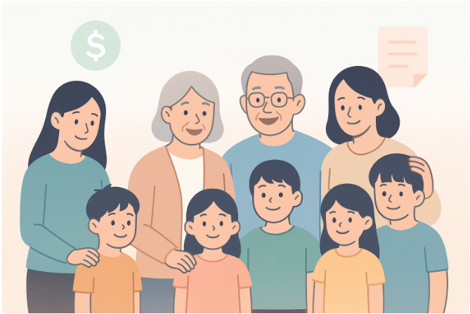 2025년 청년·여성·한부모를 위한 맞춤 지원금 총정리 145 한부모, 조손가정, 다자녀 가구 등 다양한 가족이 함께 서 있는 일러스트