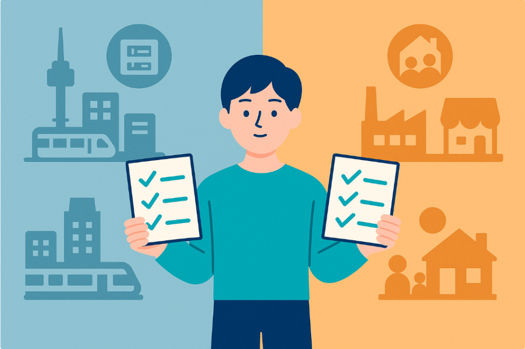 2025년 주요 지역별(서울·경기·부산 등) 청년·창업 지원 비교 63 한 청년이 수도권과 지방 도시의 지원금 체크리스트를 양쪽에서 비교하는 인포그래픽 이미지