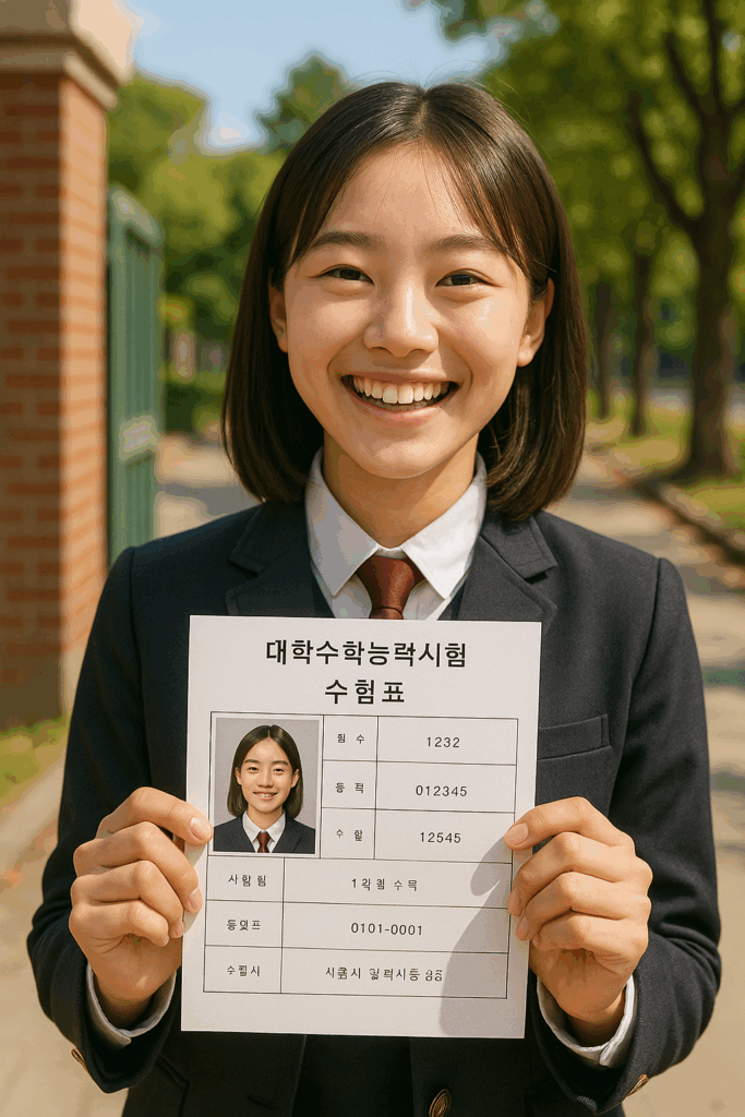 수험생이면 무조건 챙겨야 할 할인 혜택 A to Z 39 수능 수험표를 손에 들고 환하게 웃는 한국 수험생의 모습, 수험생 할인 정보를 나타내는 대표 이미지