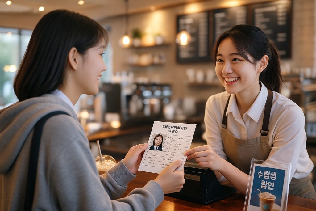 수험생이면 무조건 챙겨야 할 할인 혜택 A to Z 40 카페에서 수험표를 제시하며 음료를 할인받는 수험생 모습, 수험생 카페 혜택을 보여주는 장면