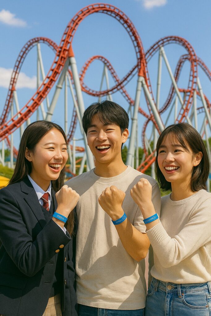 수험생이면 무조건 챙겨야 할 할인 혜택 A to Z 46 놀이공원에서 수험생 친구들이 자유이용권을 착용한 채 즐겁게 웃고 있는 모습, 수험생 여가 및 레저 할인 혜택 이미지