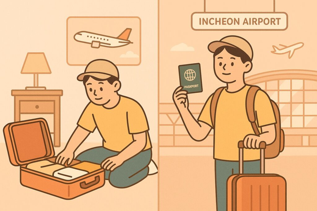수험생 항공권 할인 총정리: 국내선·국제선 어디가 가장 저렴할까 (2025년판) 10 수험생이 국내선과 국제선을 계획하는 모습을 나란히 보여주는 일러스트 – 캐리어와 여권을 든 학생의 여행 준비 장면