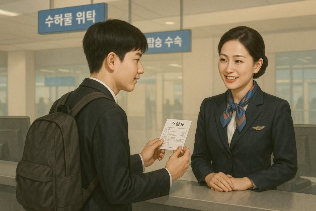 수험생 항공권 할인 총정리: 국내선·국제선 어디가 가장 저렴할까 (2025년판) 11 수험생이 항공사 체크인 카운터에서 수험표를 제시하는 장면 – 한국 공항을 배경으로 한 일러스트