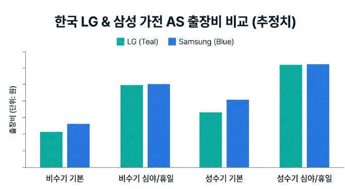 2025년 12월 이후 가전제품 AS 출장비 인상 총정리|LG·삼성 최신 요금표 한 번에 보기 70 LG와 삼성 가전 AS 출장비 및 성수기 요금을 막대그래프로 비교한 이미지