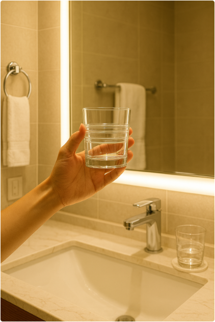 “욕실에서 한 손이 유리컵을 들어 빛에 비춰 얼룩이나 사용감을 확인하는 모습. 밝은 조명 속에서 컵의 투명도가 강조되며 청결 상태 점검 장면이 선명하게 드러난다.”