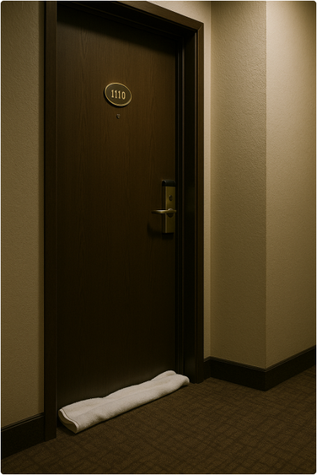 호텔 방의 문틈에 수건을 끼워 복도 소음을 차단하는 모습