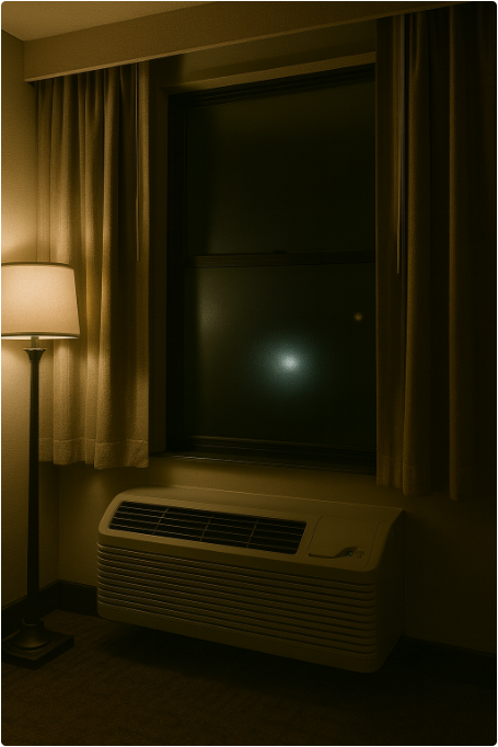 호텔 객실에서 에어컨이 작동 중인 모습, 조용하고 차분한 분위기의 밤 풍경