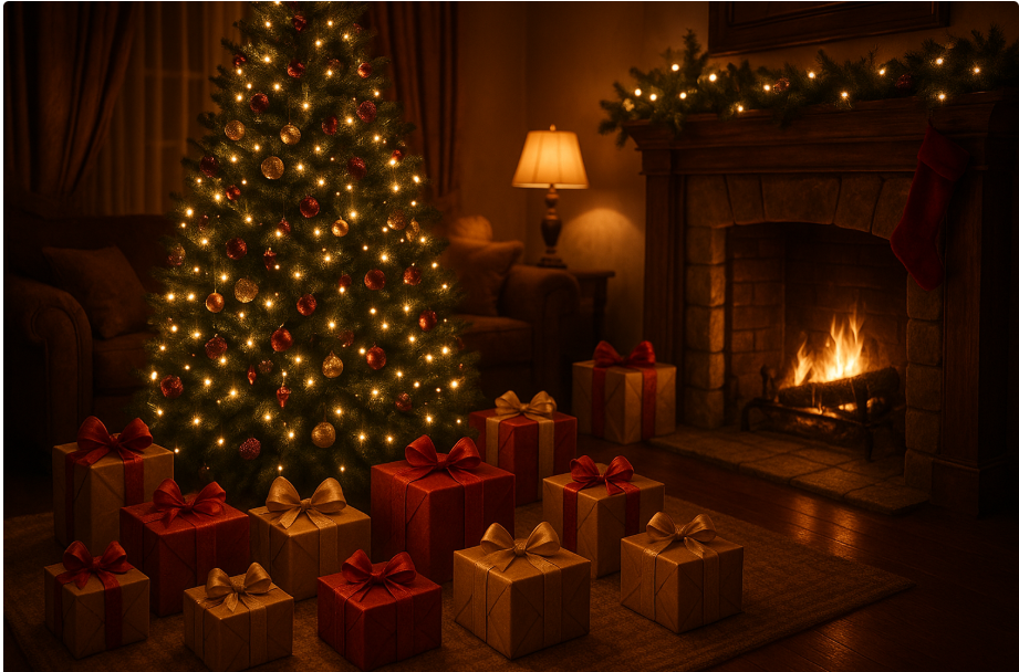 2025년 크리스마스, 마음을 전하는 선물 10선 + 예산별 추천 가이드 14 따뜻한 조명 속 크리스마스 트리와 선물 상자가 놓인 거실 풍경