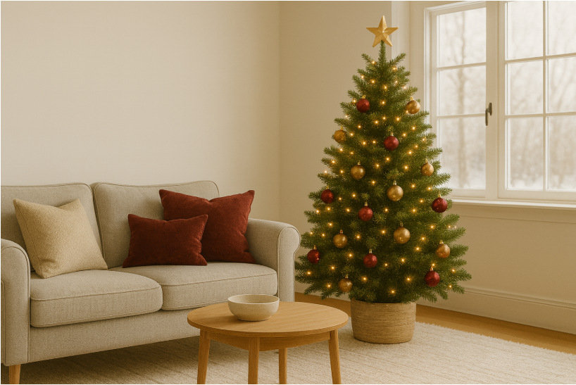 중형 트리와 겨울 쿠션·러그가 있는 크리스마스 거실 모습