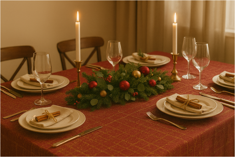 버건디와 골드 테마의 크리스마스 다이닝 테이블 세팅