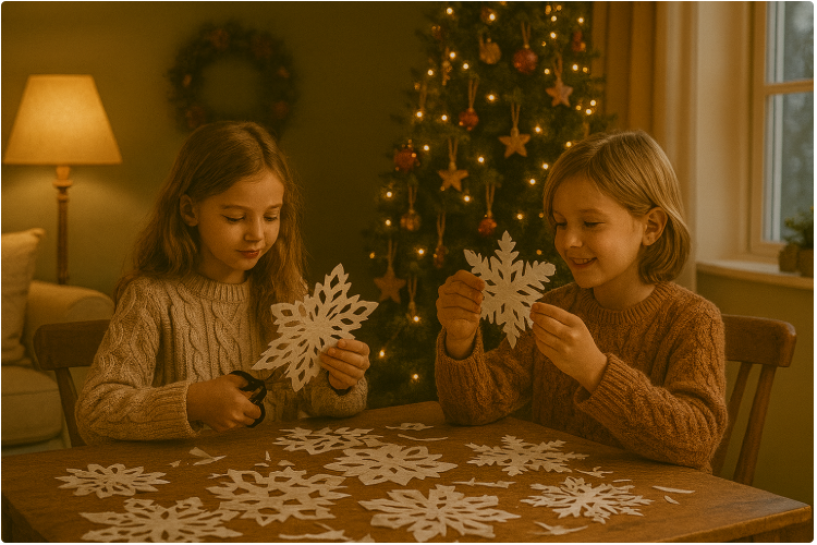 아이들이 종이 눈꽃과 크리스마스 장식을 만드는 따뜻한 가족 장면
