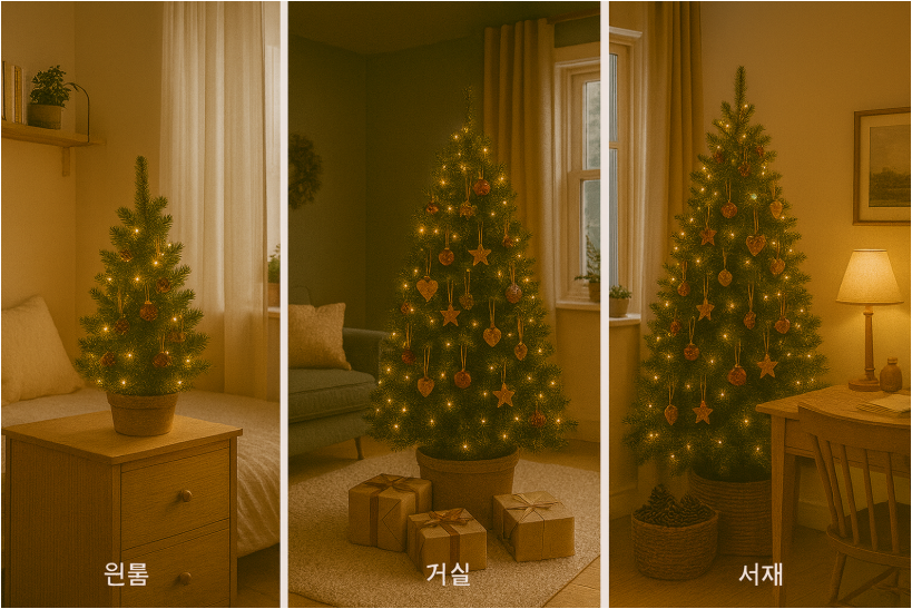 “여러 크기의 크리스마스 트리가 다양한 공간에 배치된 모습”