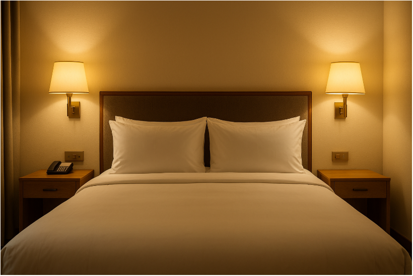“깔끔하게 정돈된 호텔 침실 전경. 흰색 침구가 팽팽하게 정리되어 있고 베개의 각이 살아 있는 모습이 고급스럽고 청결한 분위기를 보여준다.”
