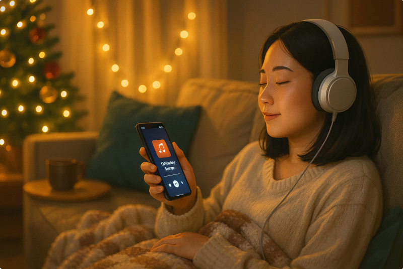 크리스마스 캐롤 추천 BEST 12곡 | 올겨울 감성 플레이리스트 48 겨울 밤 거실에서 헤드폰을 쓰고 크리스마스 캐롤을 듣는 감성 홈카페 분위기