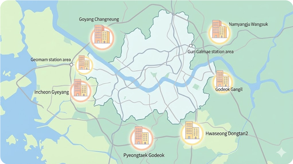 고양창릉·남양주왕숙·인천계양 등 3기·2기 신도시 및 중소택지 위치를 표현한 수도권 지도 인포그래픽
