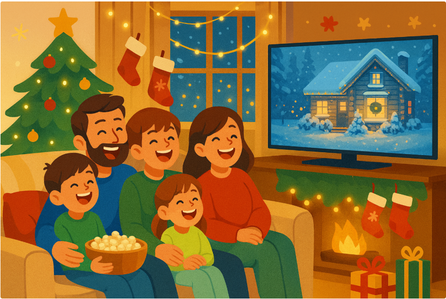 크리스마스 영화 추천 12선 | 가족·커플·혼자 보기 좋은 연말 명작 53 부모와 아이들이 소파에 앉아 크리스마스 가족 영화를 보며 웃고 있는 모습