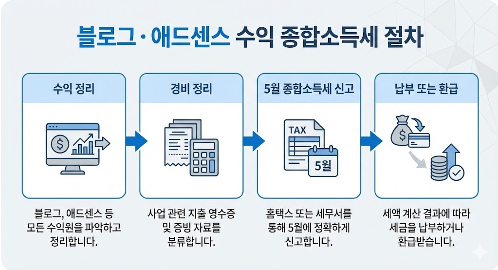 블로그 수익자의 종합소득세 신고 절차를 단계별로 설명한 다이어그램