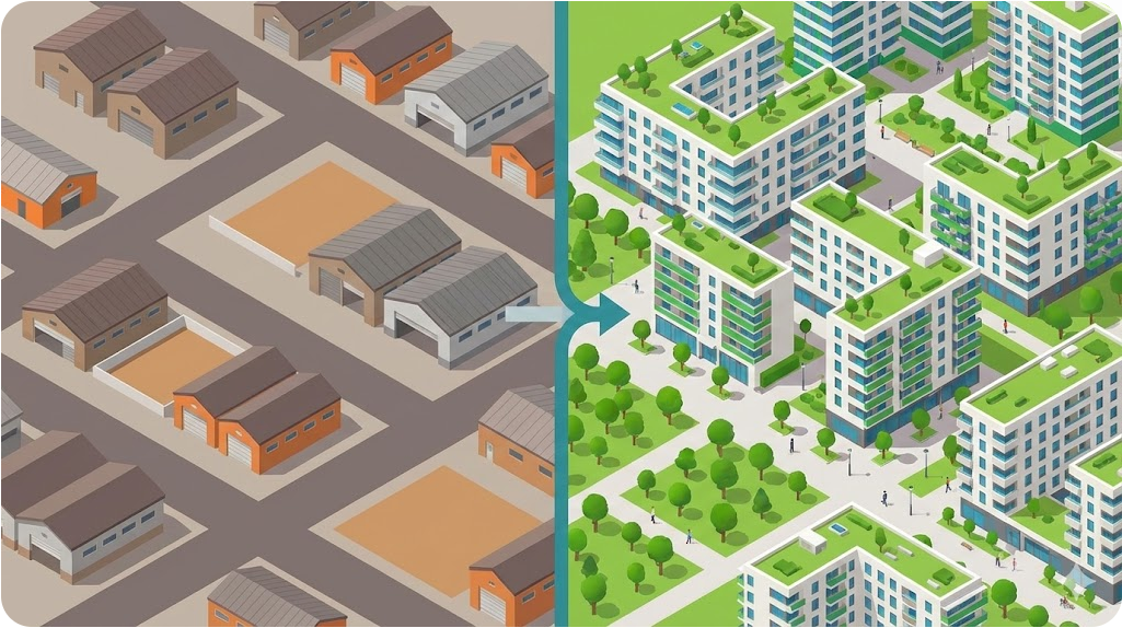 비주택용지가 아파트 단지로 전환되는 과정을 개념적으로 표현한 일러스트