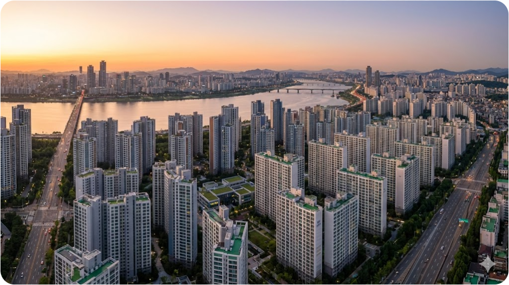 수도권에 밀집한 아파트 단지 전경과 도시 스카이라인 전경