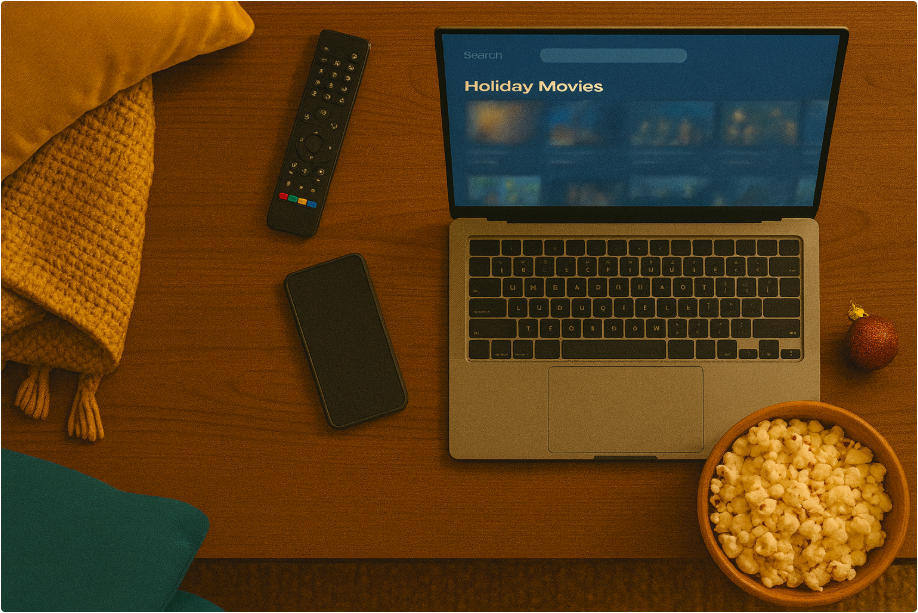크리스마스 영화 추천 12선 | 가족·커플·혼자 보기 좋은 연말 명작 56 스트리밍 서비스에서 크리스마스 영화를 고르는 장면을 표현한 테이블 위 소품들