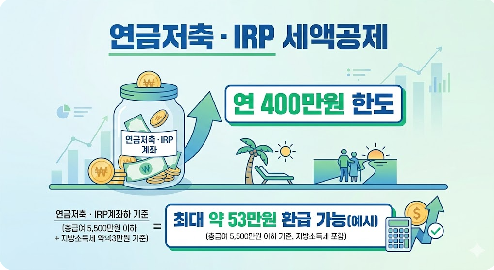 연금저축과 IRP의 연 400만 원 공제 한도와 환급 가능액을 나타낸 인포그래픽