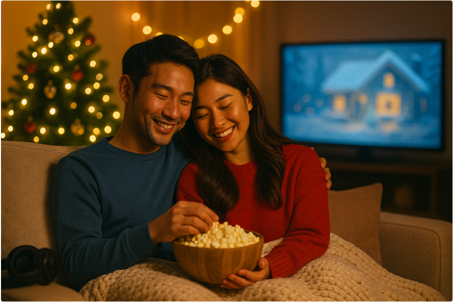 크리스마스 영화 추천 12선 | 가족·커플·혼자 보기 좋은 연말 명작 54 연인이 담요를 덮고 소파에 앉아 크리스마스 영화를 함께 보는 로맨틱한 장면