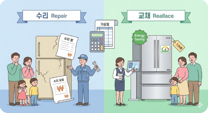 2025년 12월 이후 가전제품 AS 출장비 인상 총정리|LG·삼성 최신 요금표 한 번에 보기 76 오래된 냉장고를 수리할지 새 제품으로 교체할지 고민하는 가족을 표현한 일러스트