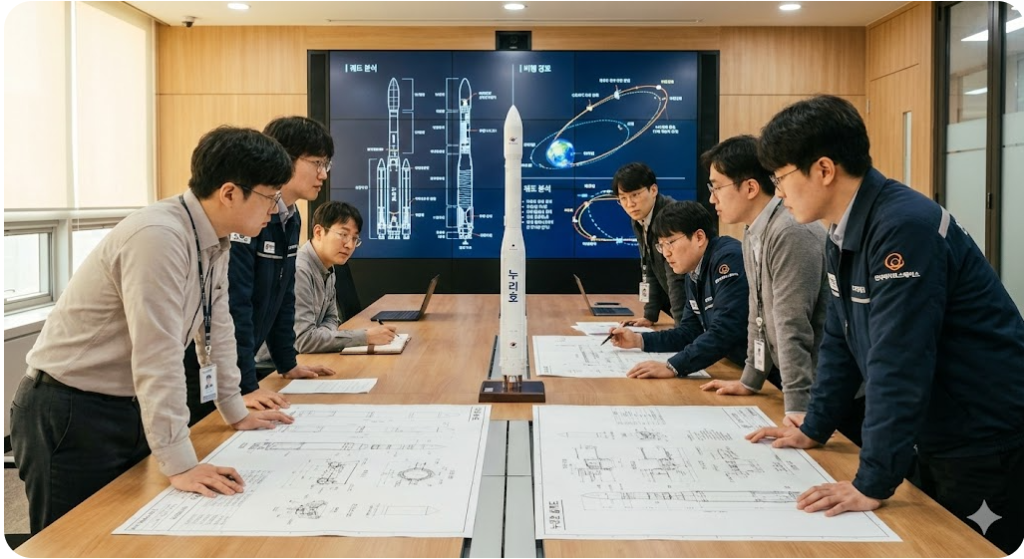 우주항공청과 한화에어로스페이스 엔지니어들이 누리호 발사체 모형과 설계도를 보며 회의하는 모습