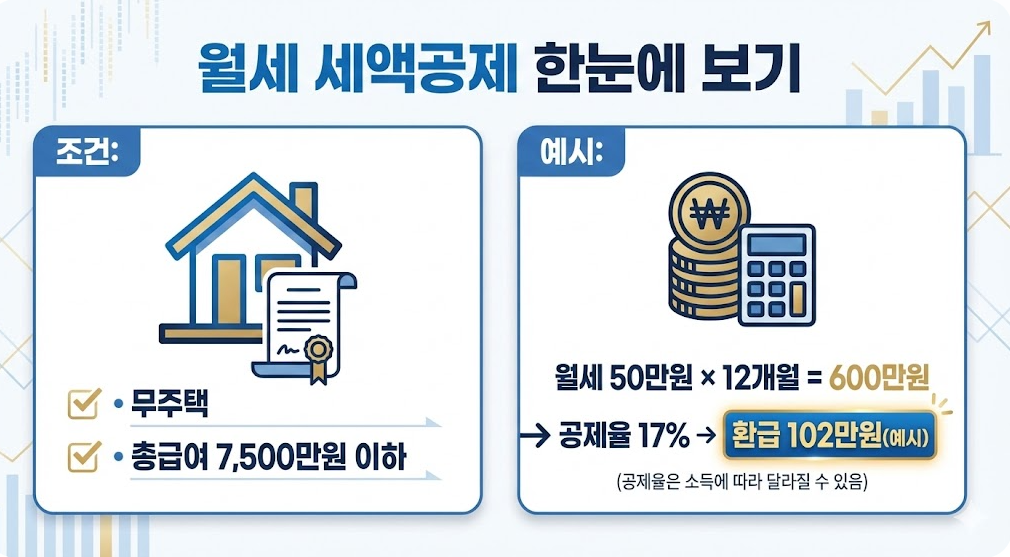 월세 세액공제 조건과 계산 예시를 시각화한 인포그래픽