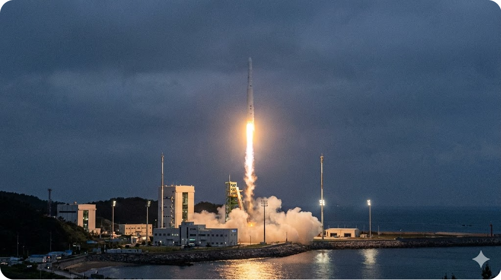 전남 고흥 나로우주센터에서 새벽에 이륙하는 한국형발사체 누리호 4차 발사 장면