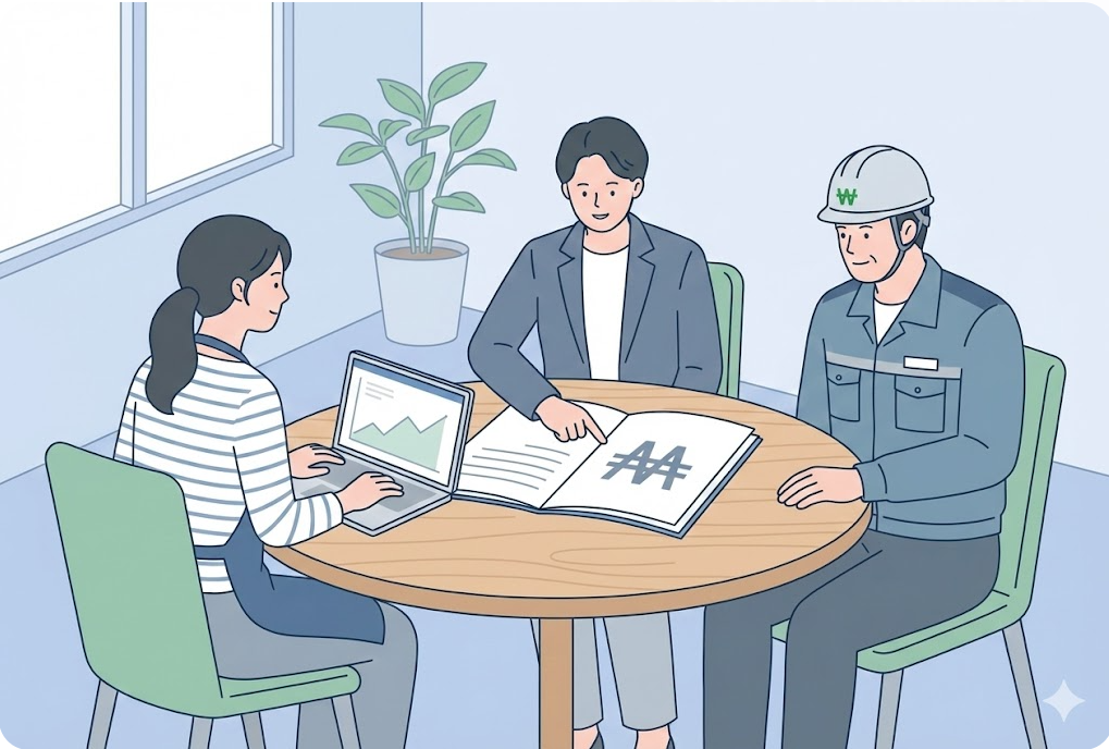 정책자금 26조 5천억원 안내 지도를 보며 상담받는 소상공인과 창업자 일러스트