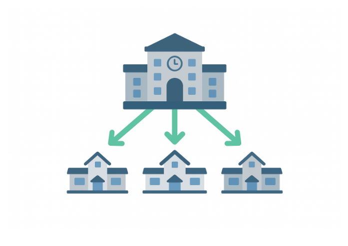 2025년 대한민국 복지·창업·사업 지원금 한눈에 보기 (신청 전 반드시 확인해야 할 큰 그림) 20 중앙정부 건물에서 여러 지자체 건물로 화살표가 내려가는 모습으로 예산과 정책 흐름을 표현한 인포그래픽 일러스트