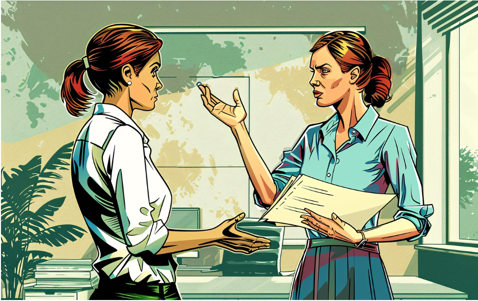 직장 내 괴롭힘 문제로 인사 담당자와 상담하며 고용노동청 신고와 회사 조치 의무를 논의하는 직장인