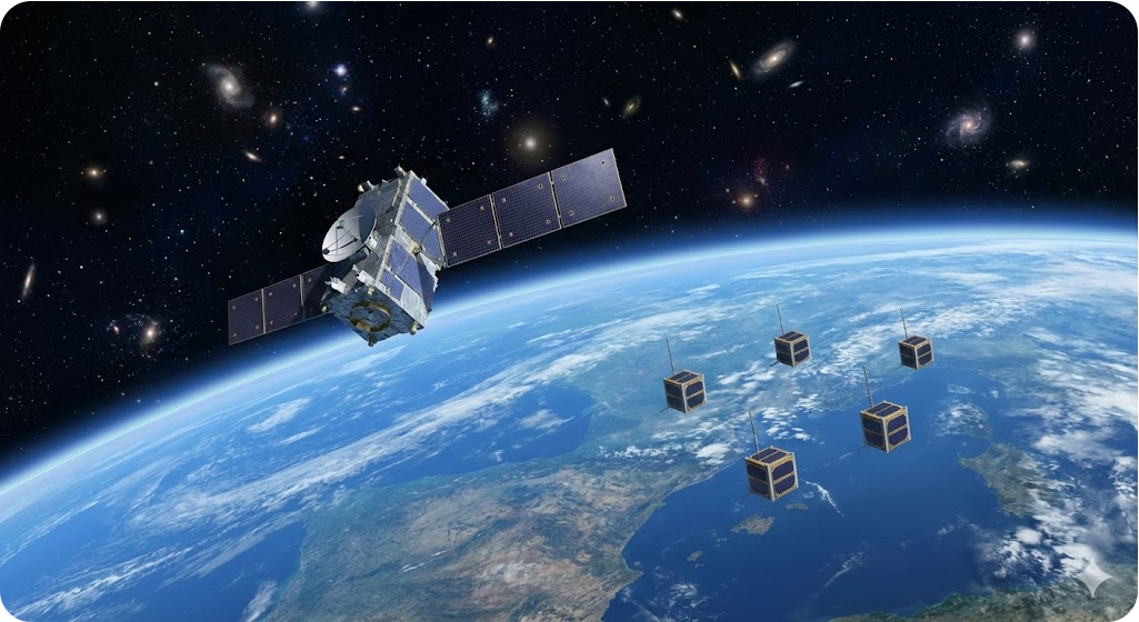 차세대중형위성 3호와 큐브위성 12기가 지구 상공 600km 궤도에서 함께 비행하는 상상도