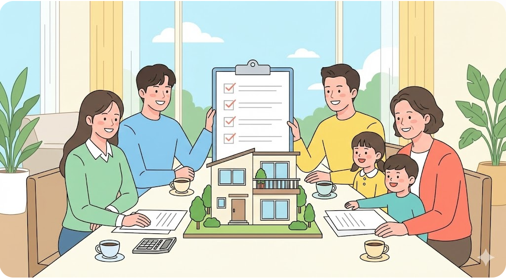 청약 전략을 세우는 2030·3040 실수요자 가족이 아파트 모형과 체크리스트를 살펴보는 장면 일러스트