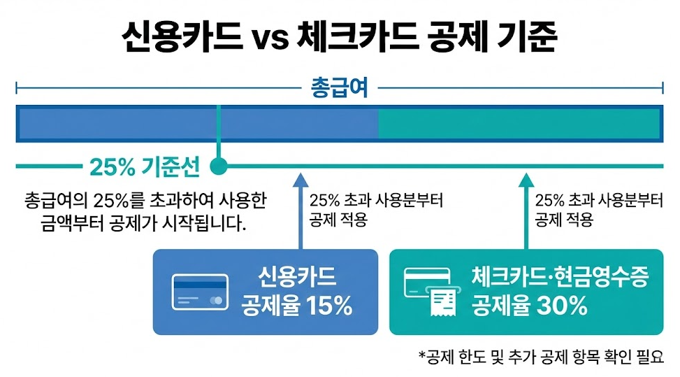 총급여 25% 기준선과 신용카드·체크카드 공제율을 비교한 그래픽