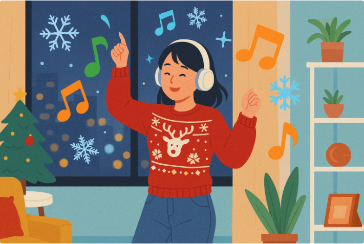 크리스마스 캐롤 추천 BEST 12곡 | 올겨울 감성 플레이리스트 50 크리스마스 스웨터를 입고 팝 크리스마스 노래를 들으며 춤추는 젊은 여성