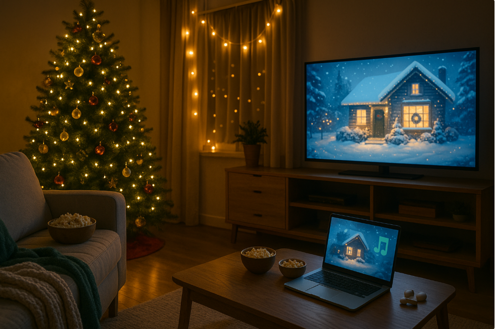 크리스마스 영화 추천 12선 | 가족·커플·혼자 보기 좋은 연말 명작 52 크리스마스 장식이 된 거실에서 가족이 함께 영화를 볼 준비를 하고 있는 따뜻한 분위기