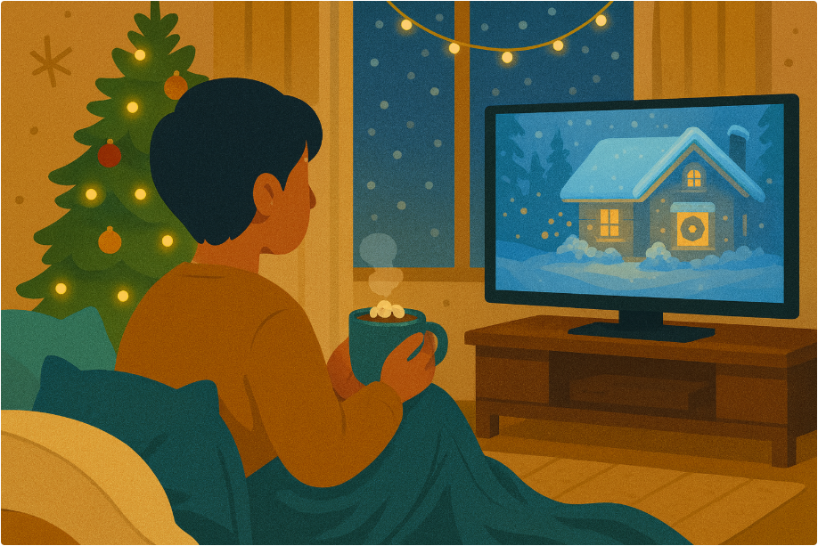 크리스마스 영화 추천 12선 | 가족·커플·혼자 보기 좋은 연말 명작 55 혼자 따뜻한 음료를 들고 크리스마스 영화를 보며 휴식하는 감성적인 장면