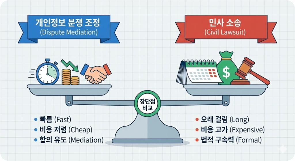 개인정보 분쟁 조정과 민사 소송의 장단점 비교 인포그래픽